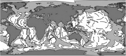 Придонные течения. Глубины менее 4000 м залиты. По В.Н. Степанов (1974)