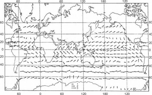 Средние многолетние векторы касательного напряжения ветра на поверхности Мирового океана. По В.А. Буркову (1980)