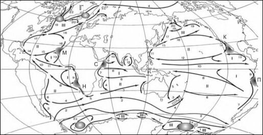 Основные поверхностные течения и апвеллинги Мирового океана